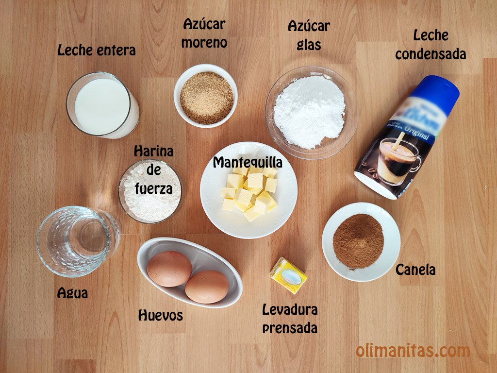 Ingredientes necesarios para hacer los Cinnamon Rolls o rollos de canela.